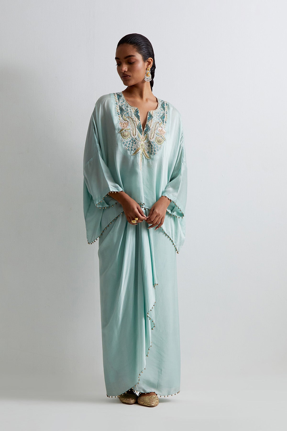 Sea Blue Satin Embroidered Yoke Kaftan Top And Lungi Skirt
