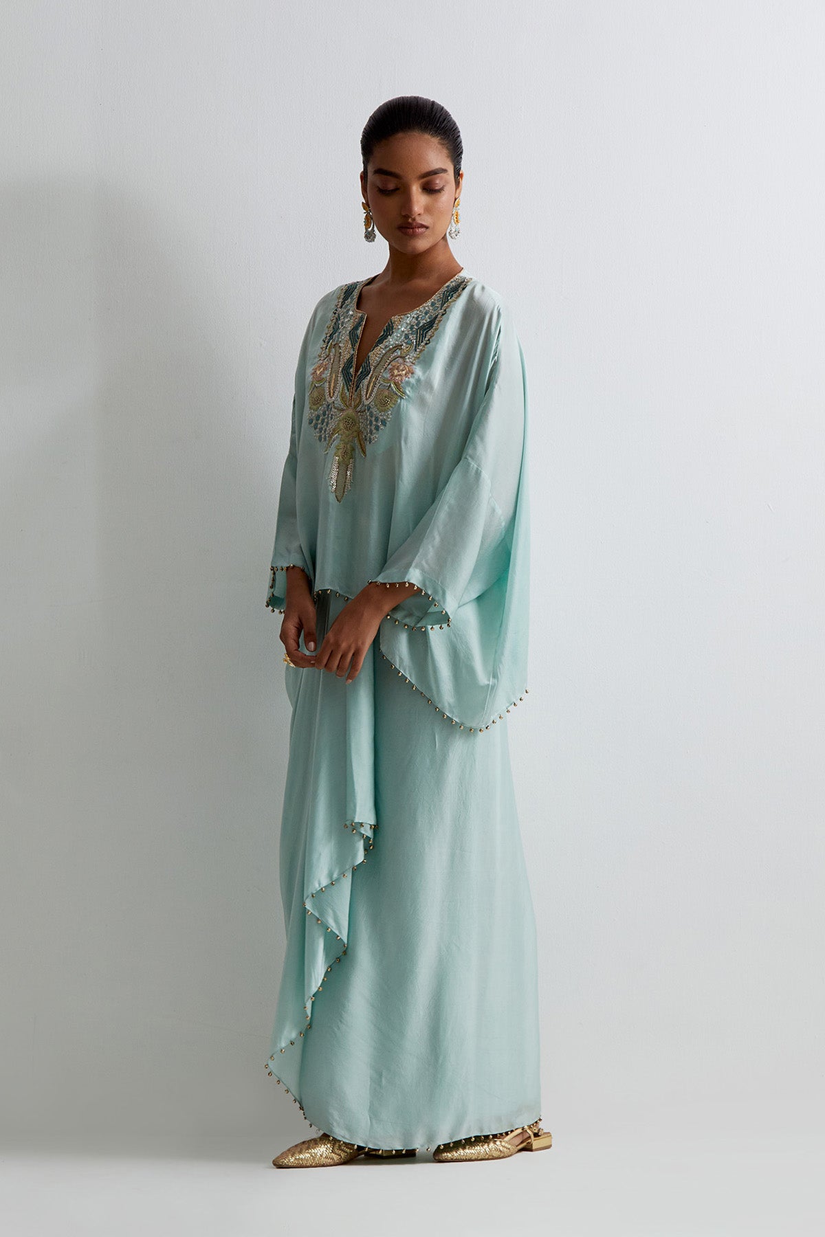 Sea Blue Satin Embroidered Yoke Kaftan Top And Lungi Skirt