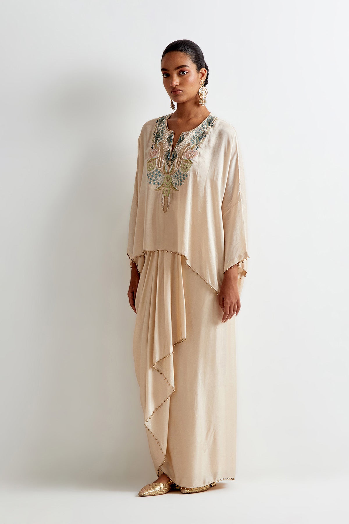 Stone Satin Embroidred Short Kaftan And Lungi Skirt