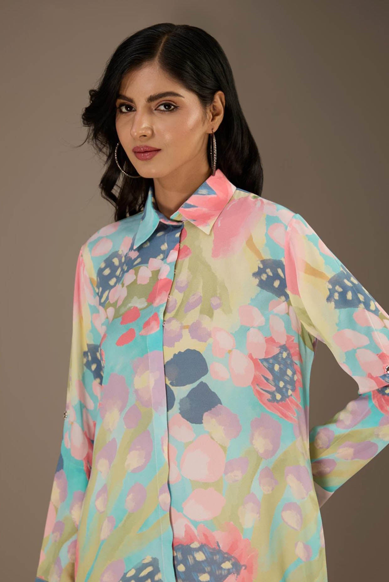 Euphoria Printed Roll-Up Sleeve Shirt Dress