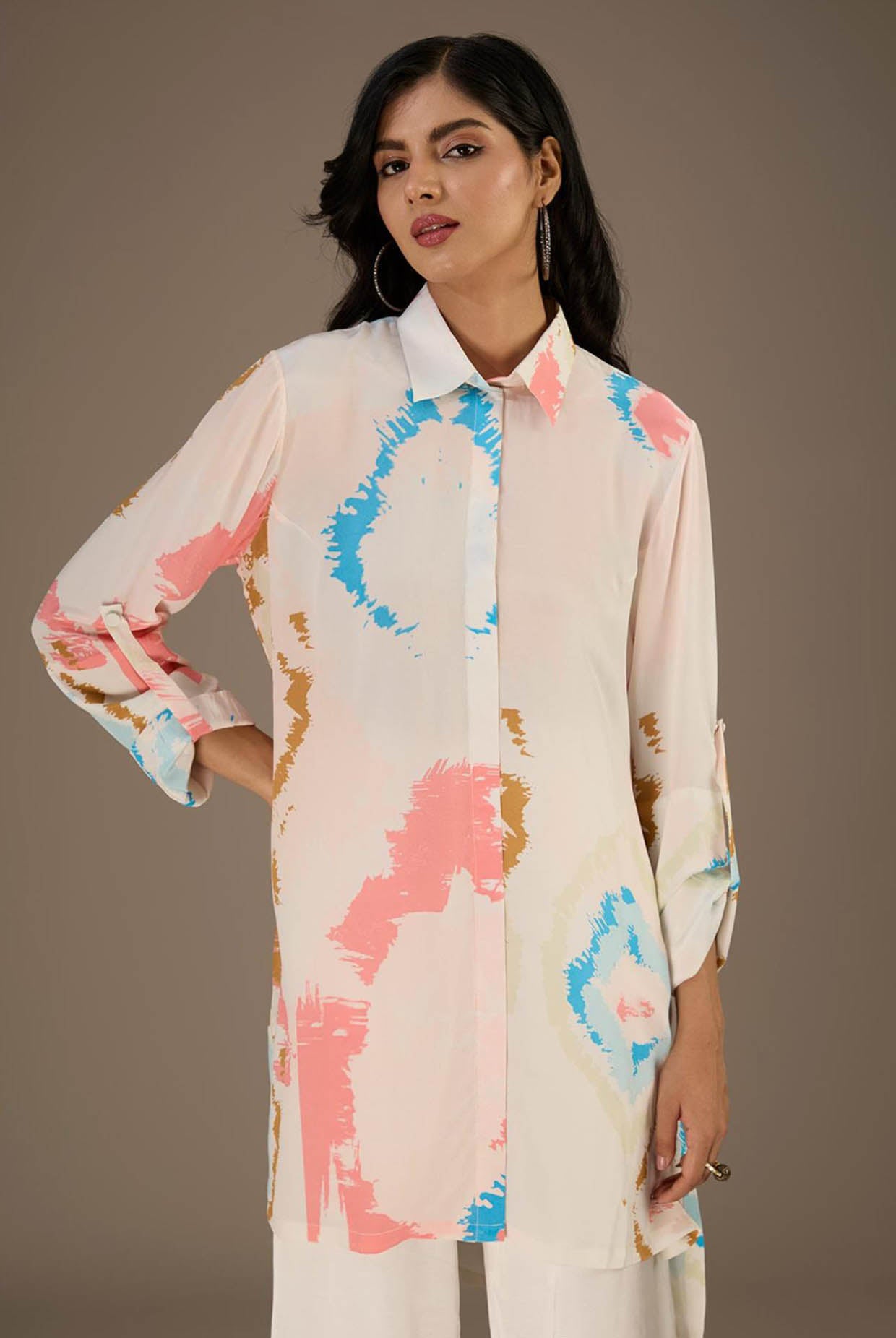 White Printed Roll-Up Sleeve Shirt Dress