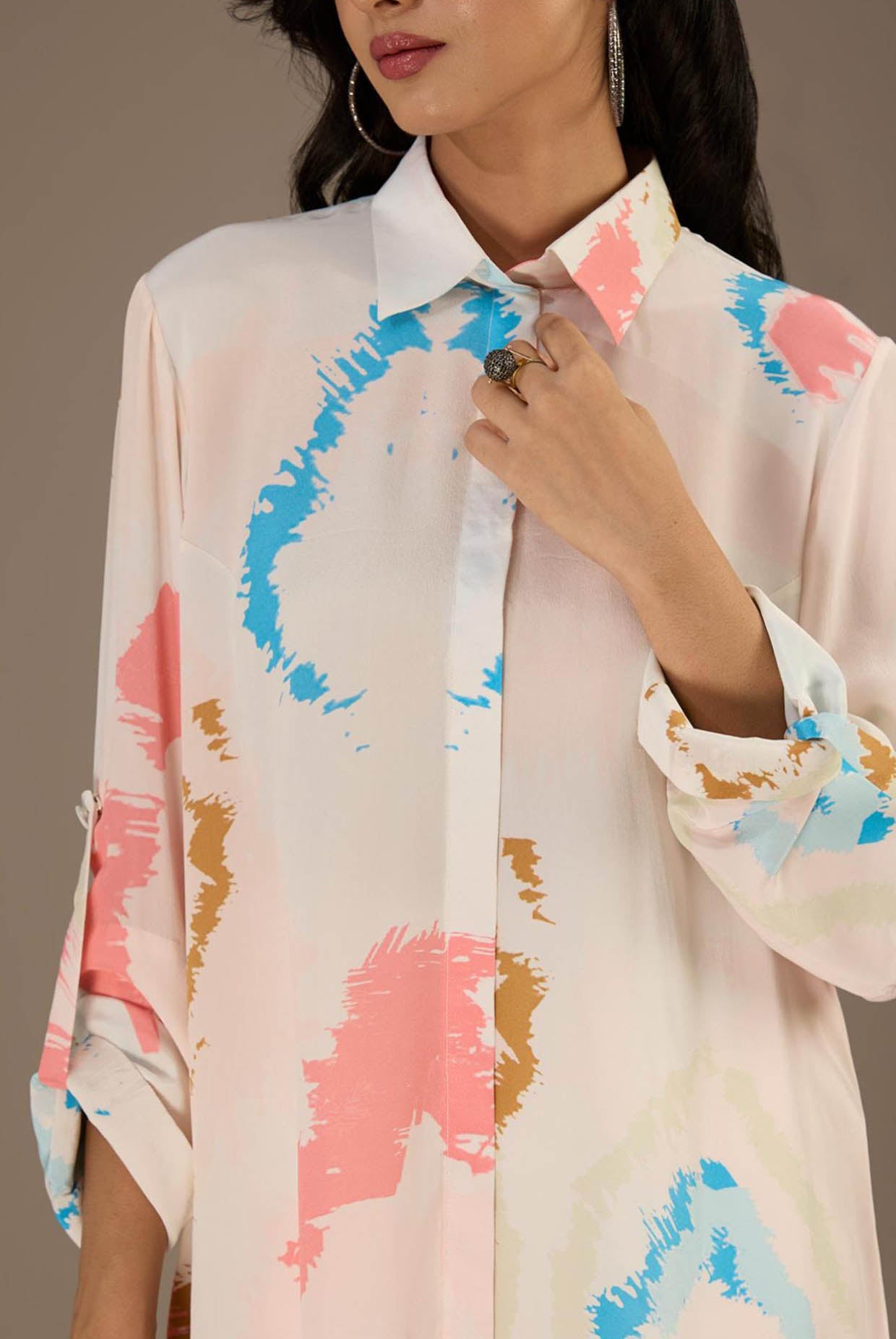 White Printed Roll-Up Sleeve Shirt Dress