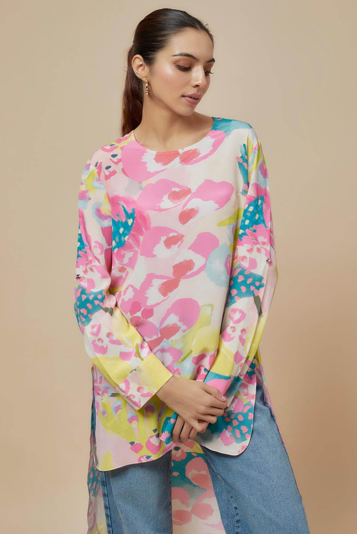 Lime Printed Crepe High Low Tunic With Rolled Up Sleeves
