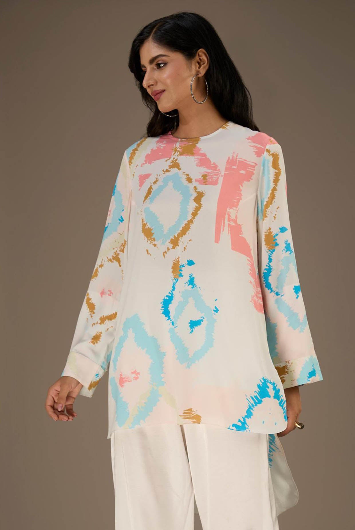 White Printed Rolled Up Sleeves High-Low Tunic