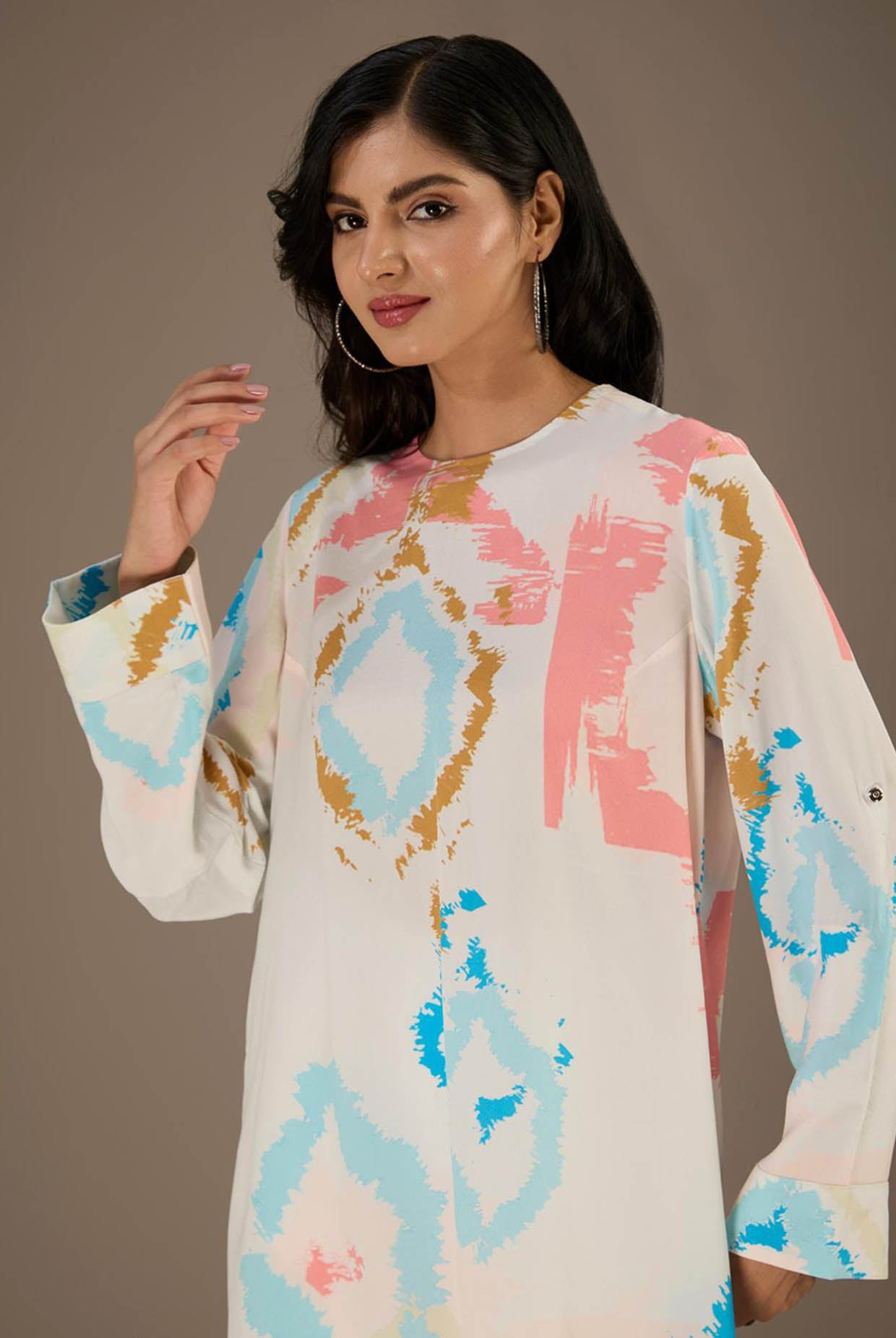 White Printed Rolled Up Sleeves High-Low Tunic