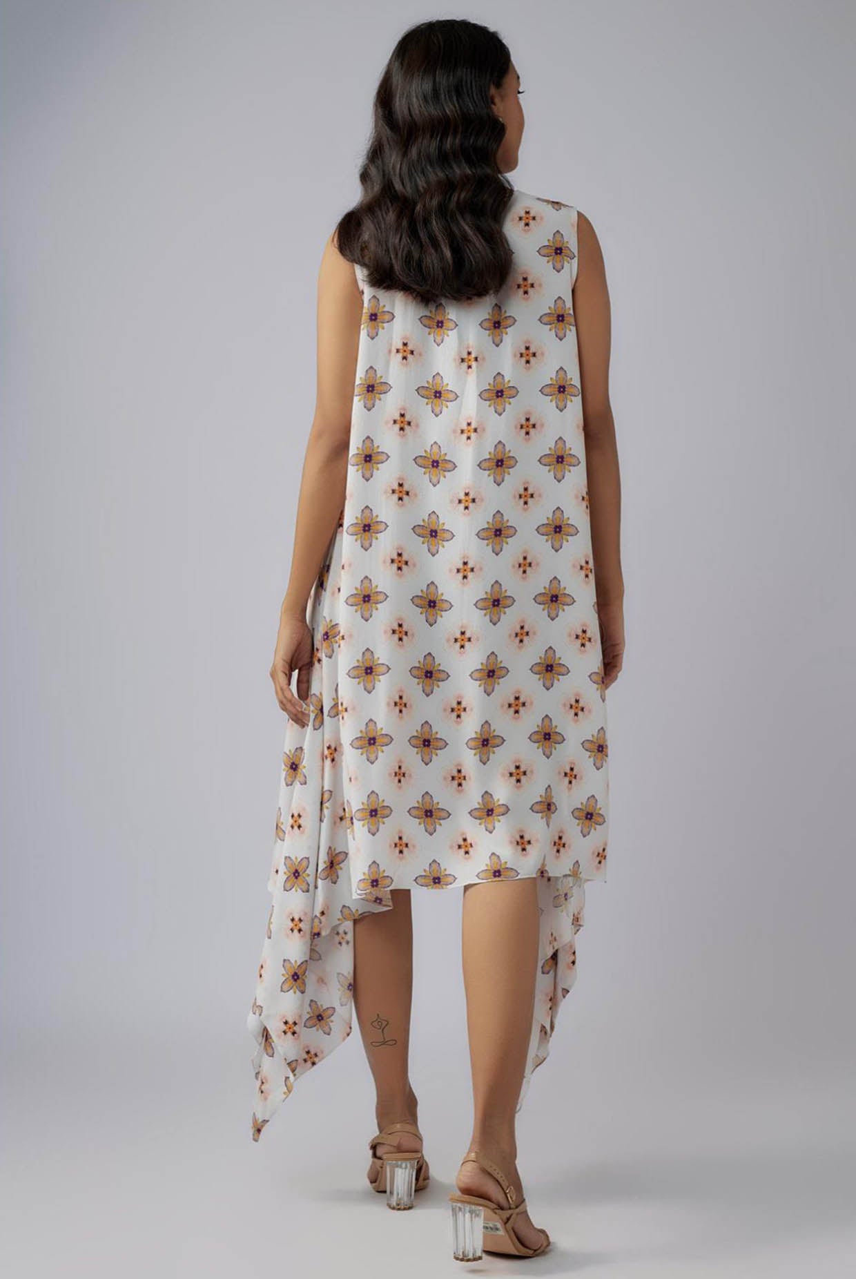 Ivory Printed Crepe Side Tail Tunic