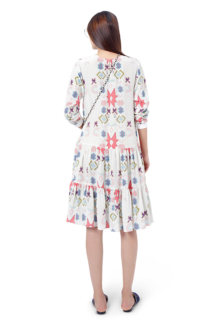 White Colour Printed Crepe Frill Hem Tunic