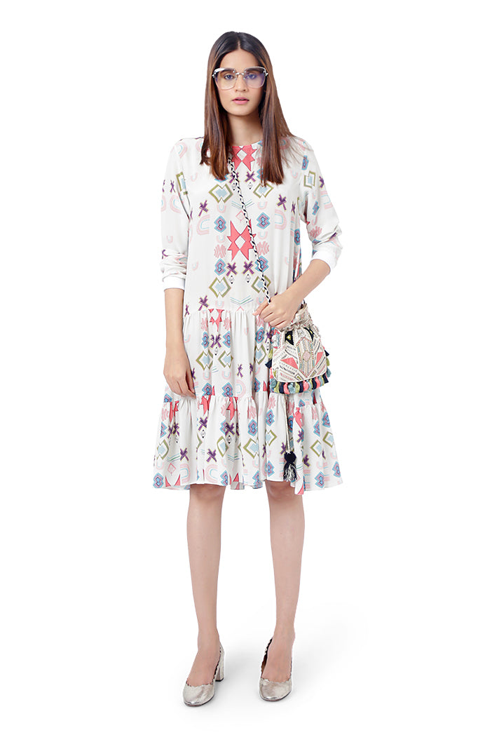 White Colour Printed Crepe Frill Hem Tunic