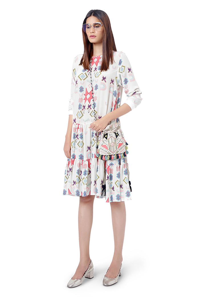 White Colour Printed Crepe Frill Hem Tunic