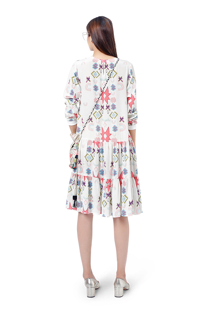 White Colour Printed Crepe Frill Hem Tunic