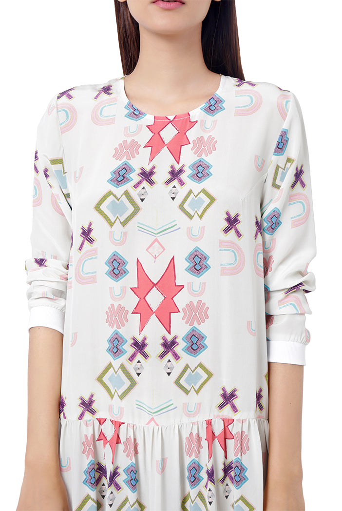 White Colour Printed Crepe Frill Hem Tunic