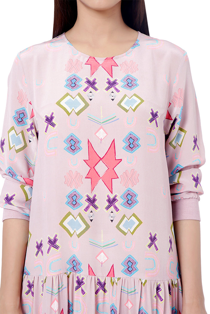 Pink Colour Printed Crepe Frill Hem Tunic