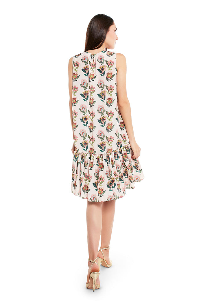 Cream Colour Printed Art Crepe Frill Hem Tunic