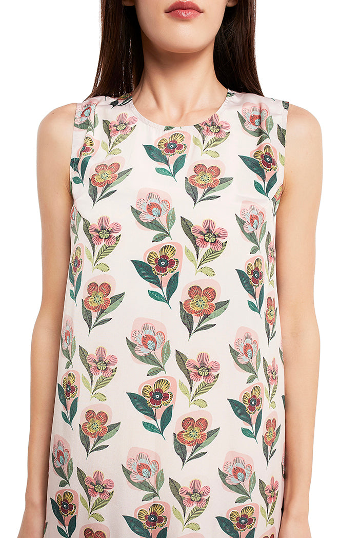 Cream Colour Printed Art Crepe Frill Hem Tunic