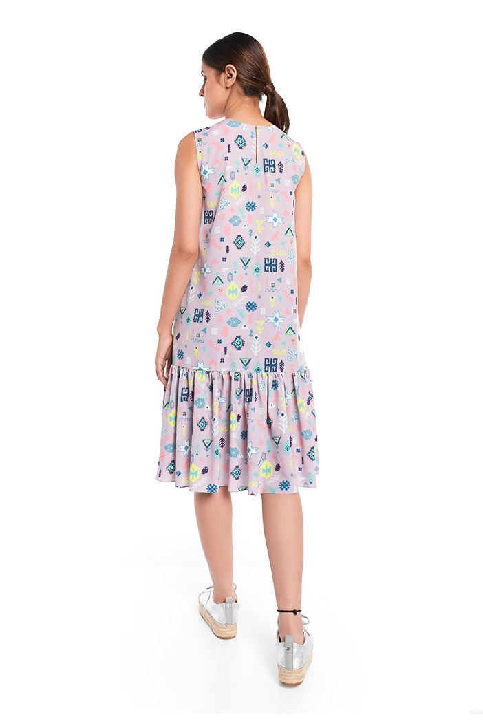 Lavender Lime Colour Printed Art Crepe Sleeveless Frill Hem Tunic