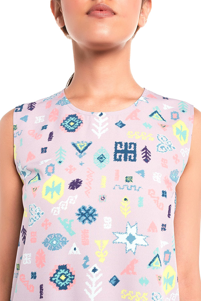 Lavender Lime Colour Printed Art Crepe Sleeveless Frill Hem Tunic