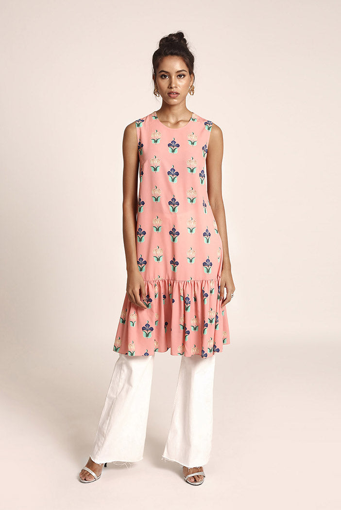 Coral Pinted Art Crepe Tunic