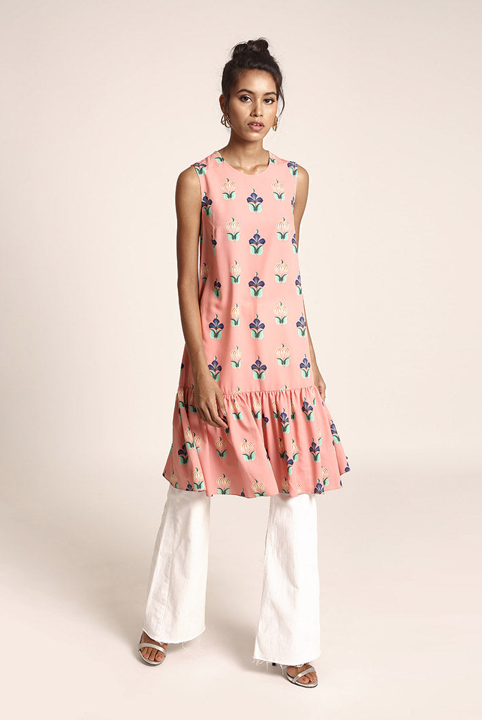 Coral Pinted Art Crepe Tunic