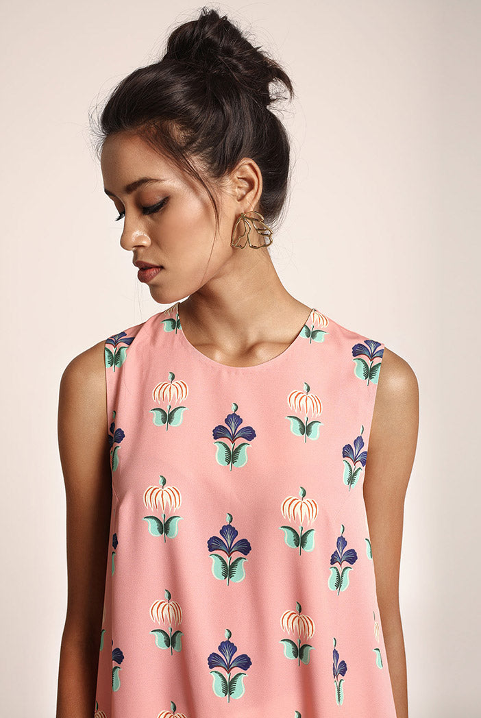 Coral Pinted Art Crepe Tunic