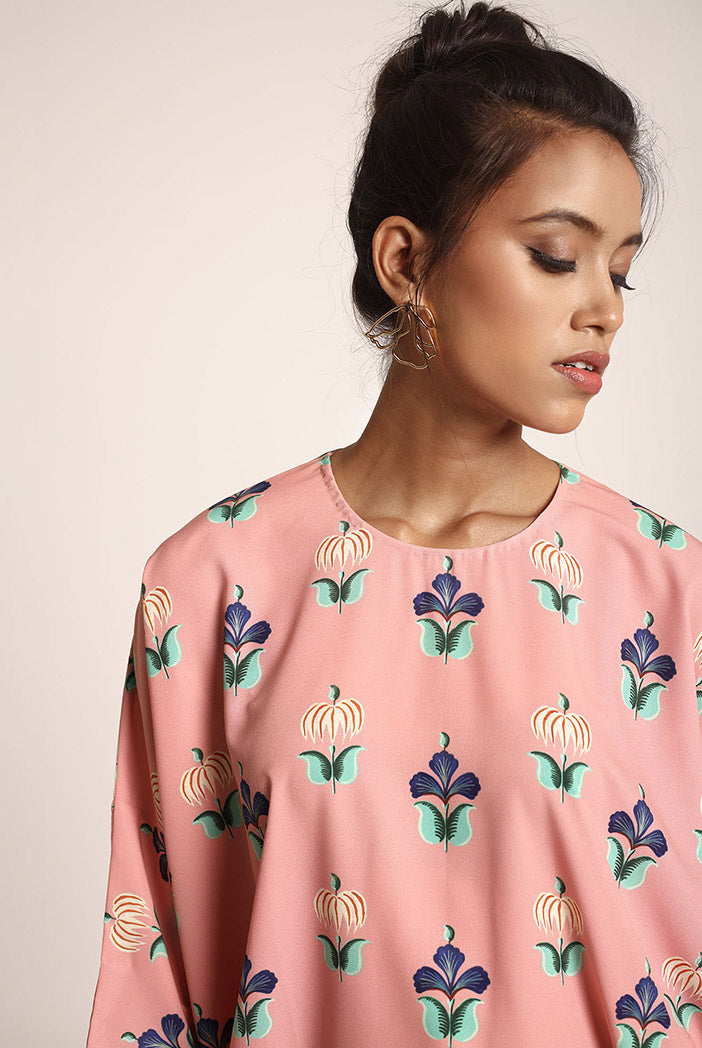Coral Printed Art Crepe and Organza Kaftan Tunic