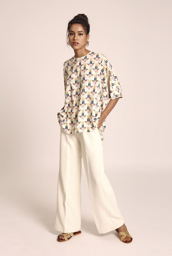 Cream Printed Art Crepe Tunic