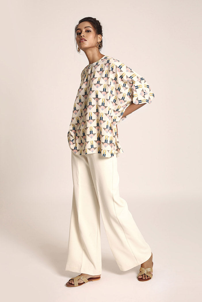 Cream Printed Art Crepe Tunic