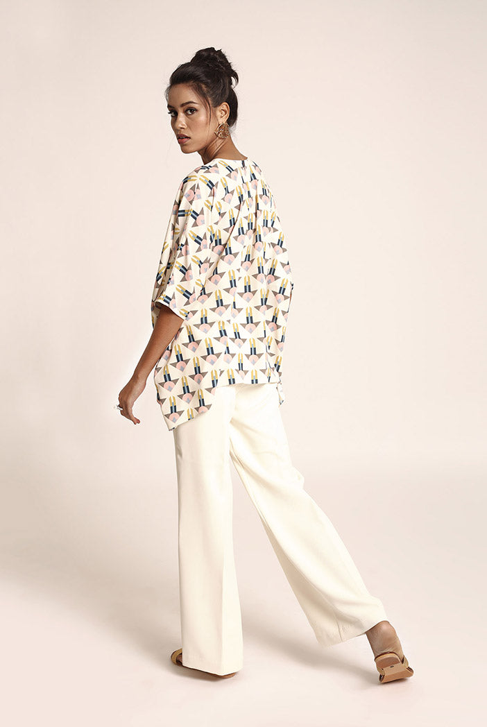 Cream Printed Art Crepe Tunic