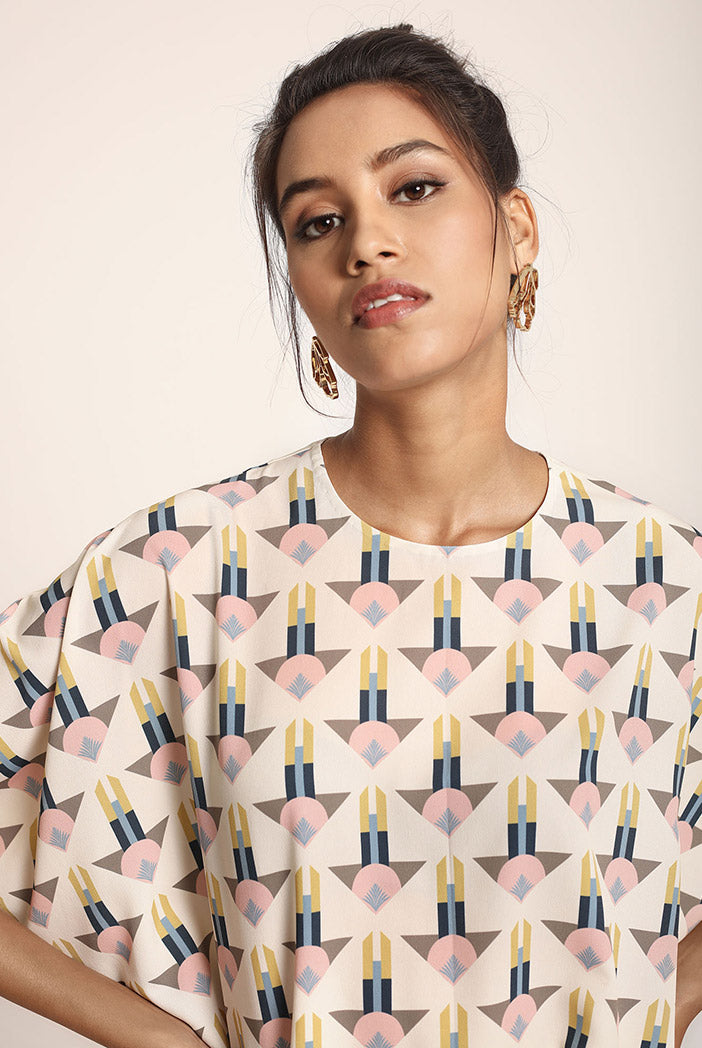Cream Printed Art Crepe Tunic