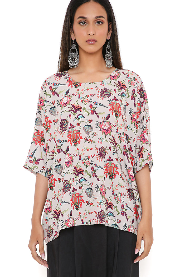Khaki Chidiya Print Art Crepe Short Maya Tunic