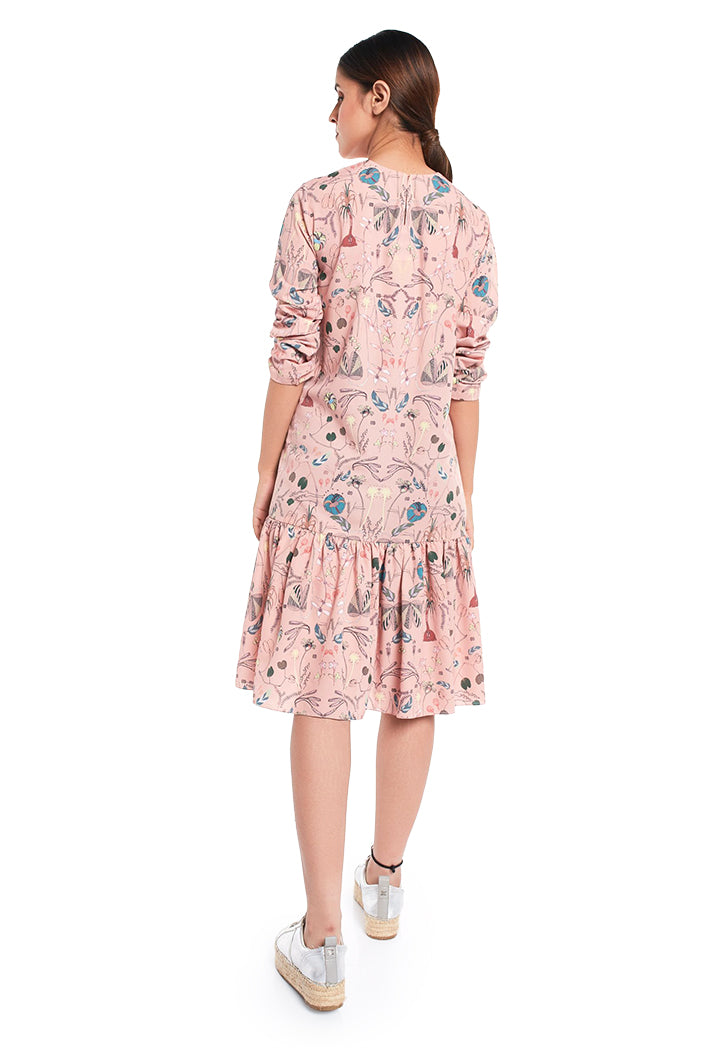 Peach Printed Art Crepe Frill Hem Tunic
