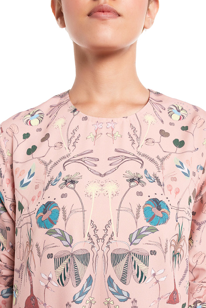 Peach Printed Art Crepe Frill Hem Tunic