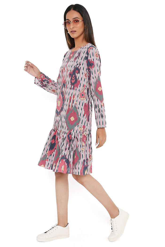 Red Ikat Tribe Print Art Crepe Frill Hem Tunic