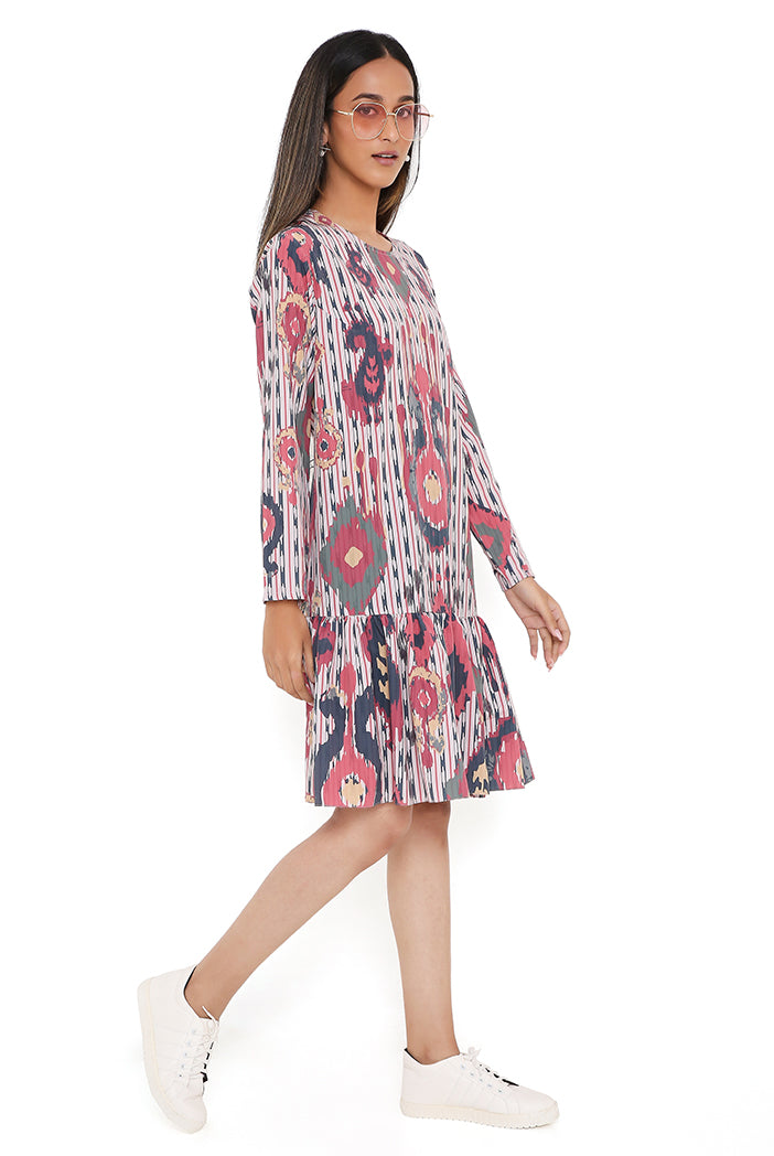 Red Ikat Tribe Print Art Crepe Frill Hem Tunic