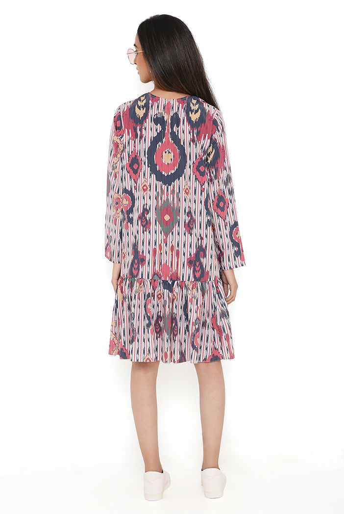 Red Ikat Tribe Print Art Crepe Frill Hem Tunic