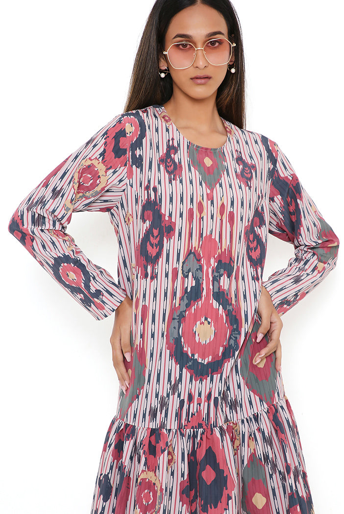 Red Ikat Tribe Print Art Crepe Frill Hem Tunic