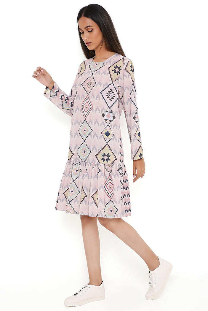 Blush Mosaic Diamond Print Art Crepe Frill Hem Tunic