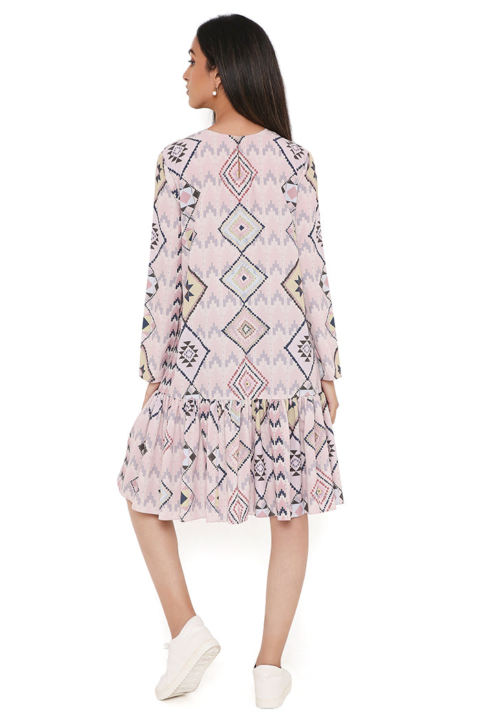Blush Mosaic Diamond Print Art Crepe Frill Hem Tunic