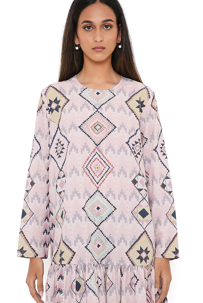 Blush Mosaic Diamond Print Art Crepe Frill Hem Tunic