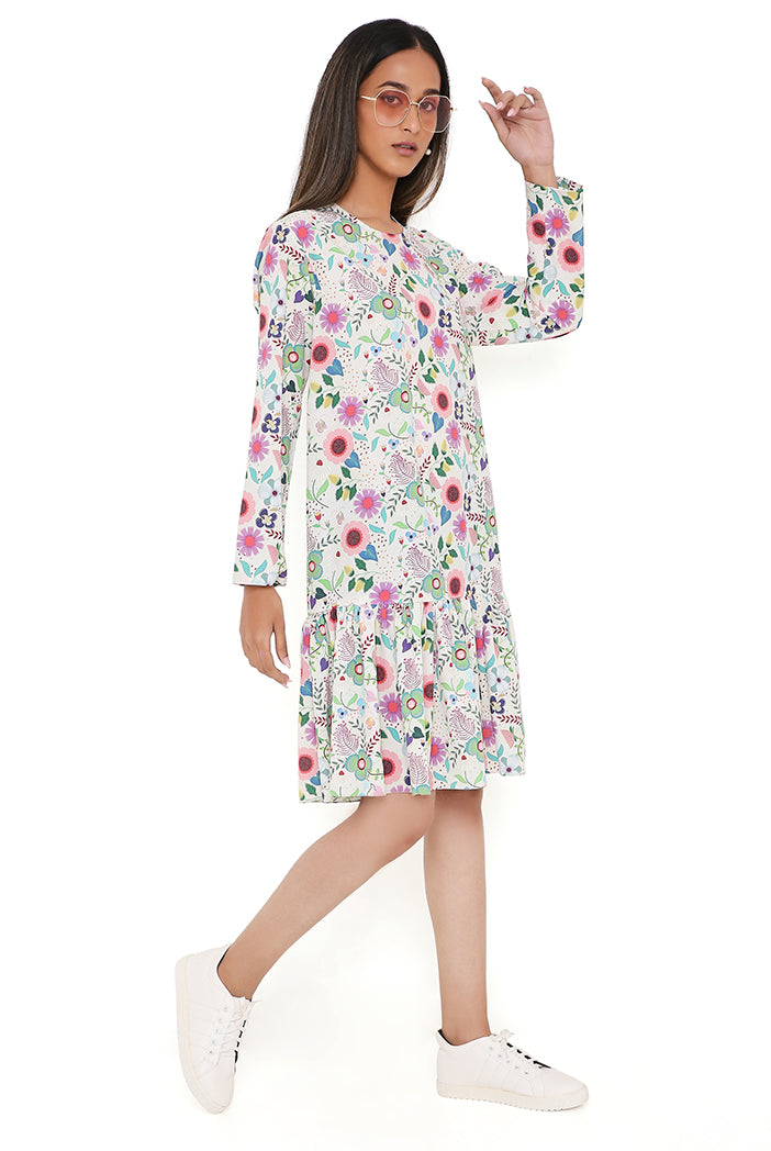 Cream Spring Floral Garden Print Art Crepe Frill Hem Tunic