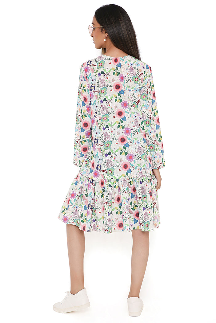 Cream Spring Floral Garden Print Art Crepe Frill Hem Tunic