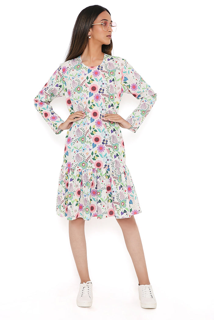 Cream Spring Floral Garden Print Art Crepe Frill Hem Tunic