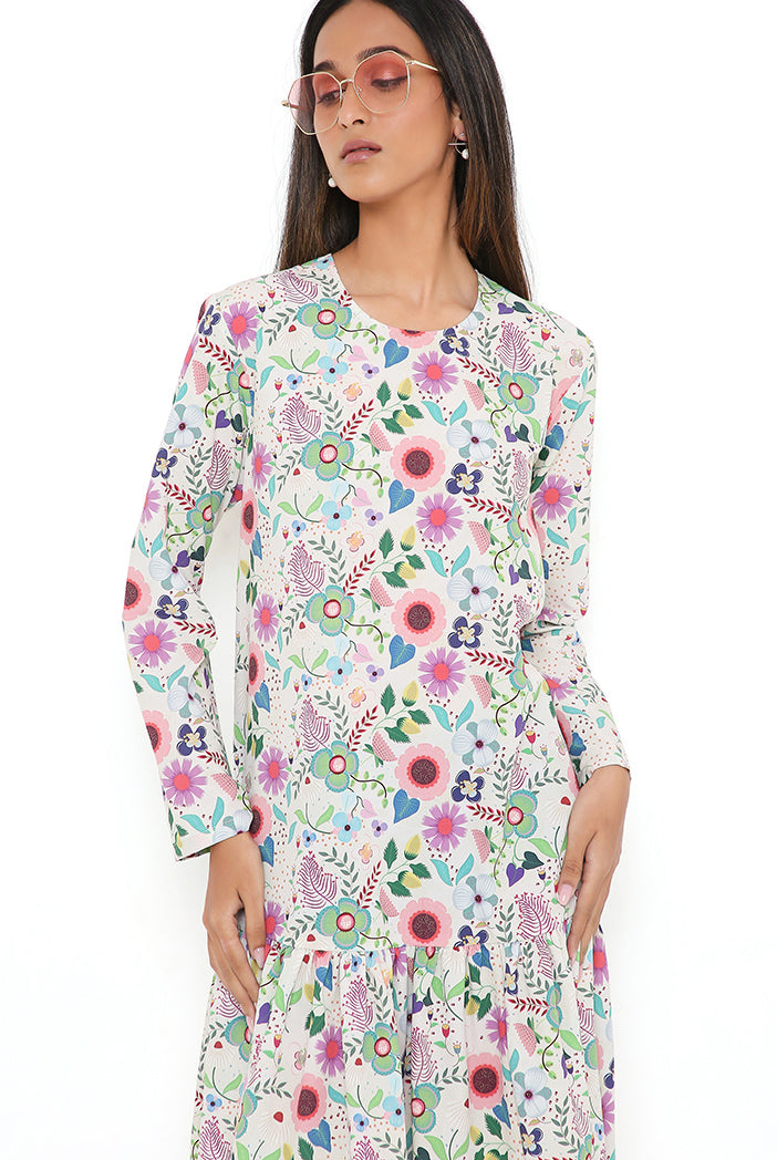 Cream Spring Floral Garden Print Art Crepe Frill Hem Tunic
