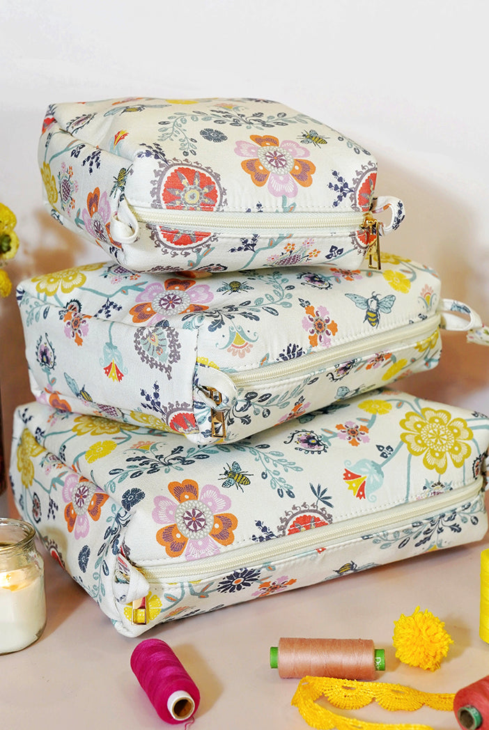 Cream Spring Print Small, Medium and Large Vanity Kits Set (Set of 3)