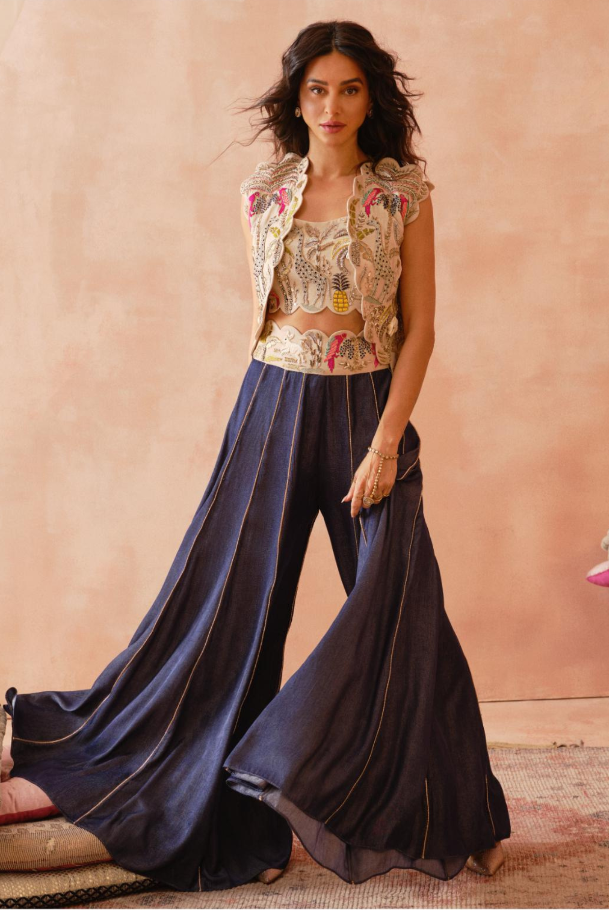 Stone Embroidered Jacket And  Bustier With Denim Sharara
