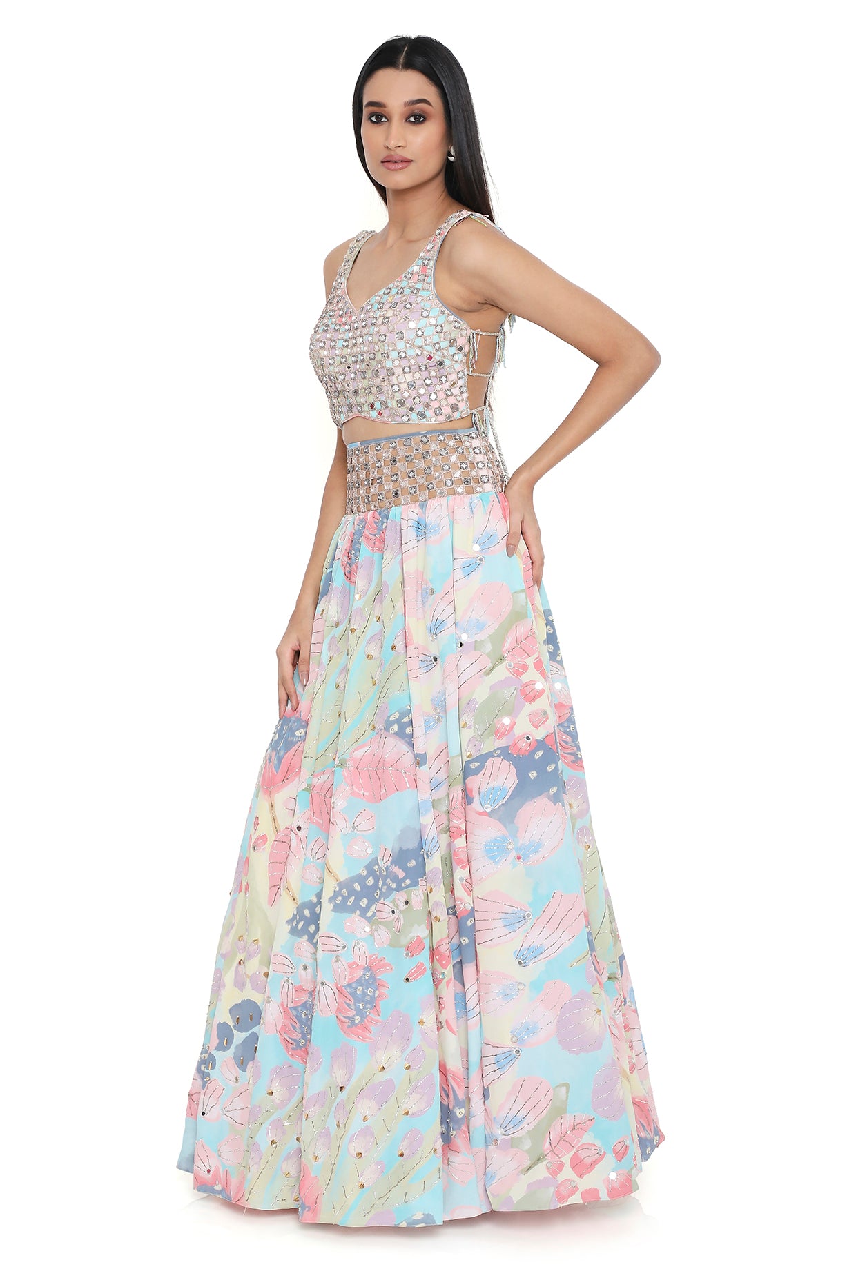Amalfi Euphoria Print Embroidered Tie Up Back Choli And Lehenga