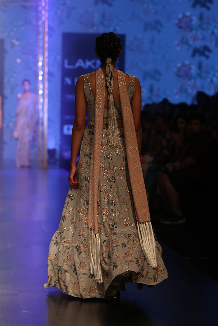 Amina Mint Printed Crepe Tie-up Choli with Crepe and Georgette Frill Lehenga and Dusky Rose Mukaish Georgette Dupatta