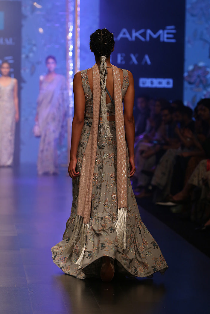 Amina Mint Printed Crepe Tie-up Choli with Crepe and Georgette Frill Lehenga and Dusky Rose Mukaish Georgette Dupatta