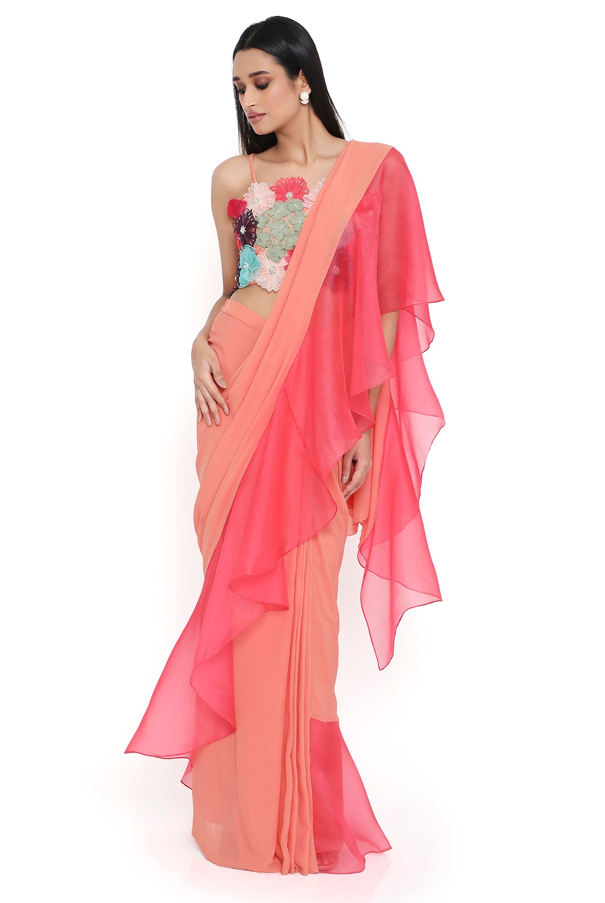 Amore Peach Georgette 3D Floral Embroidered Choli And Saree With Coral Ruffle Pallu