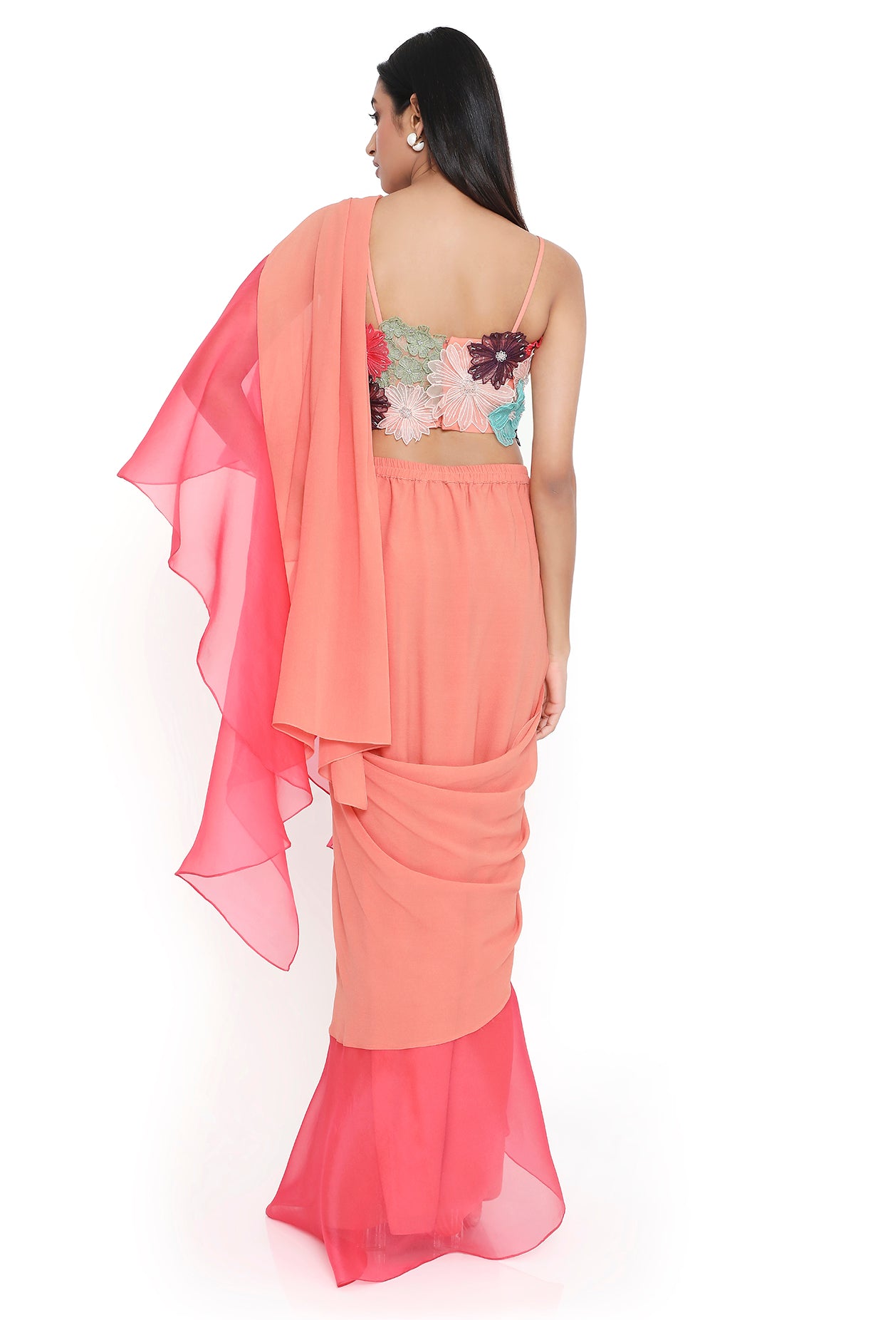 Amore Peach Georgette 3D Floral Embroidered Choli And Saree With Coral Ruffle Pallu