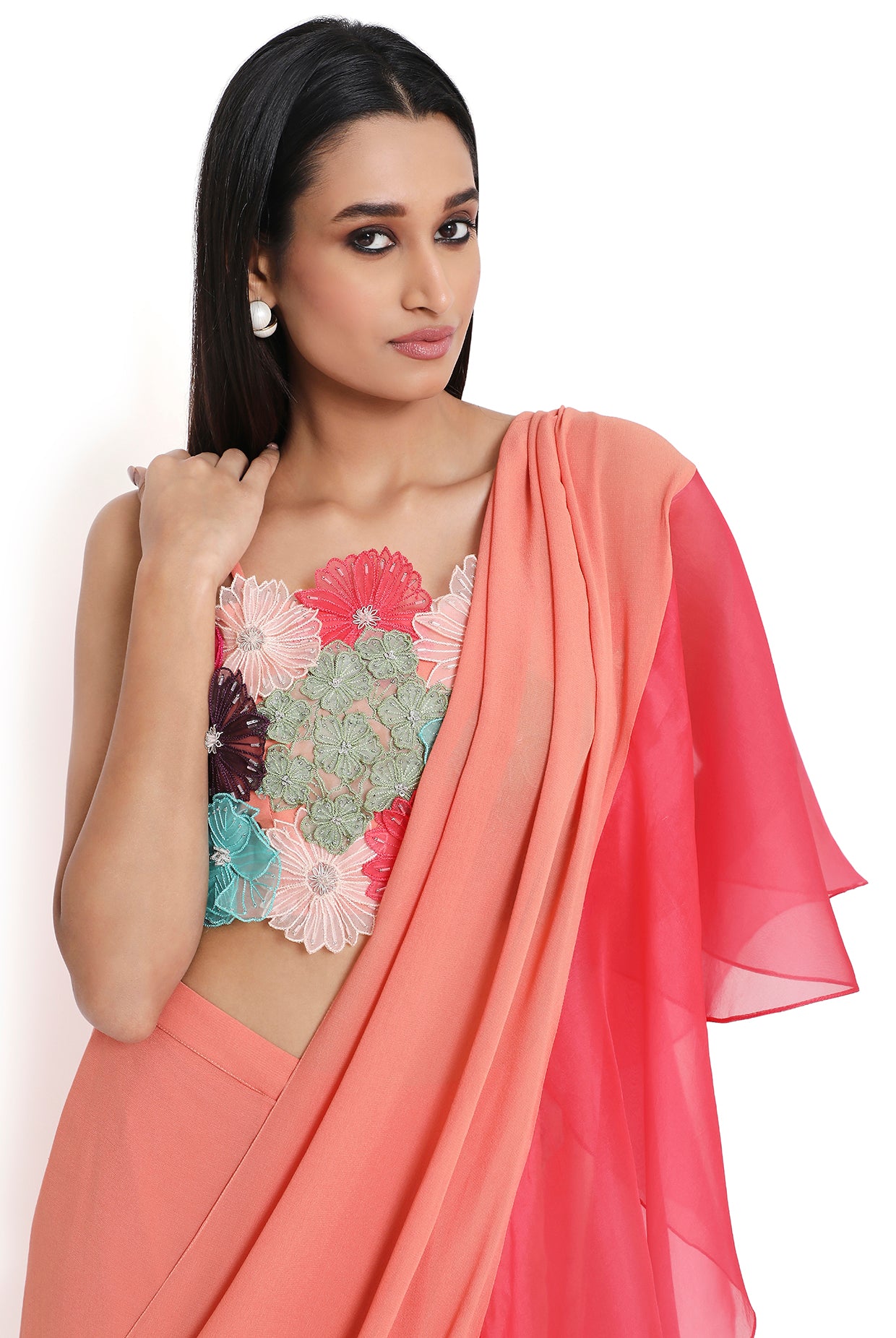 Amore Peach Georgette 3D Floral Embroidered Choli And Saree With Coral Ruffle Pallu
